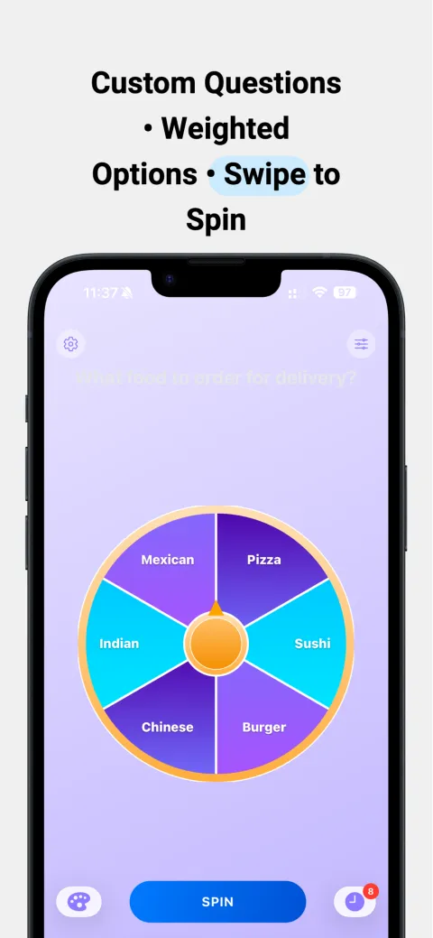 Finger Chooser App Store screenshot: a custom spin wheel of food choices