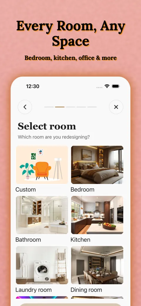House Design AI App Store screenshot: choose the room to redesign, such as bedroom, kitchen or bathroom