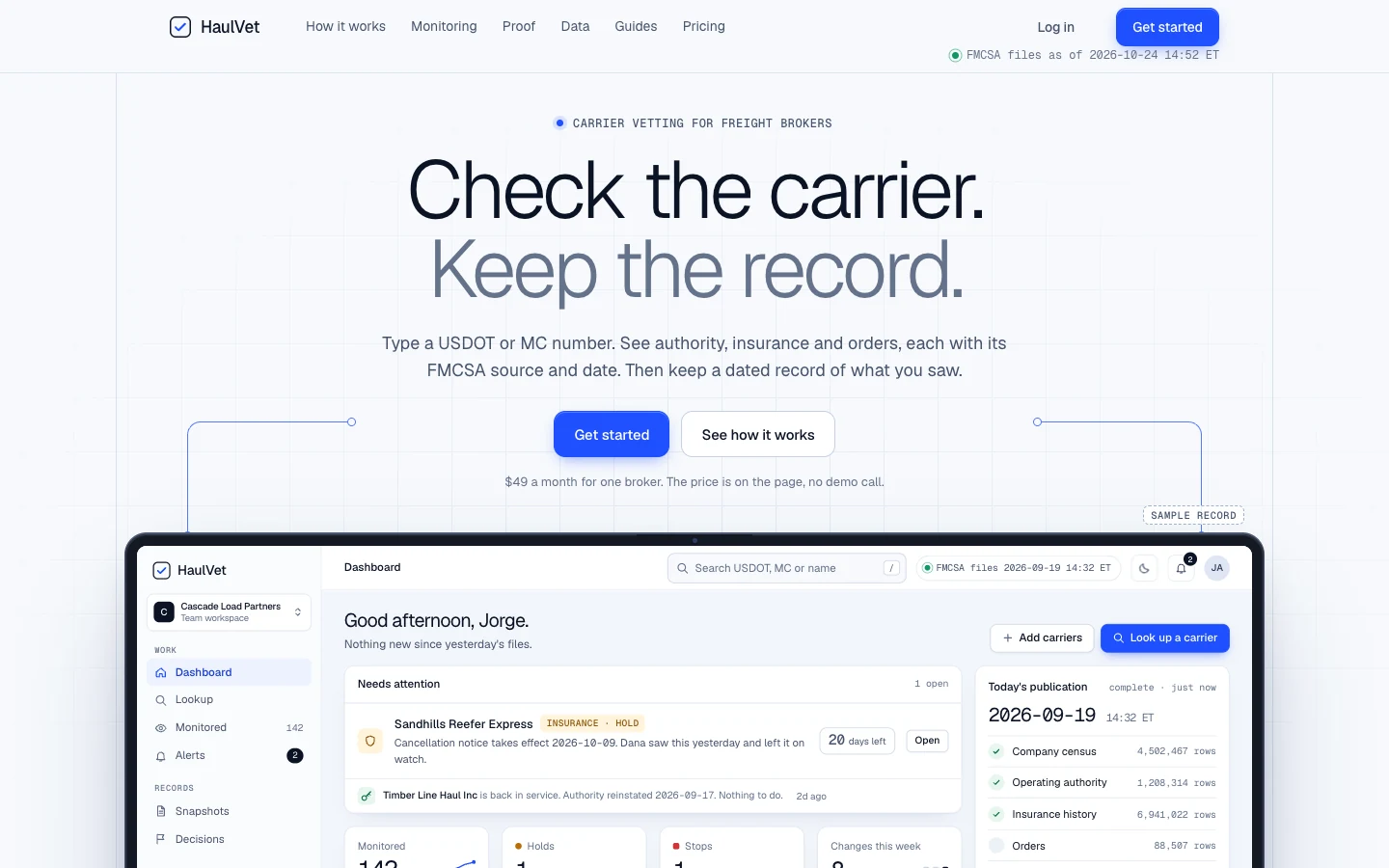 The HaulVet home page, with the headline "Check the carrier. Keep the record." above the app dashboard