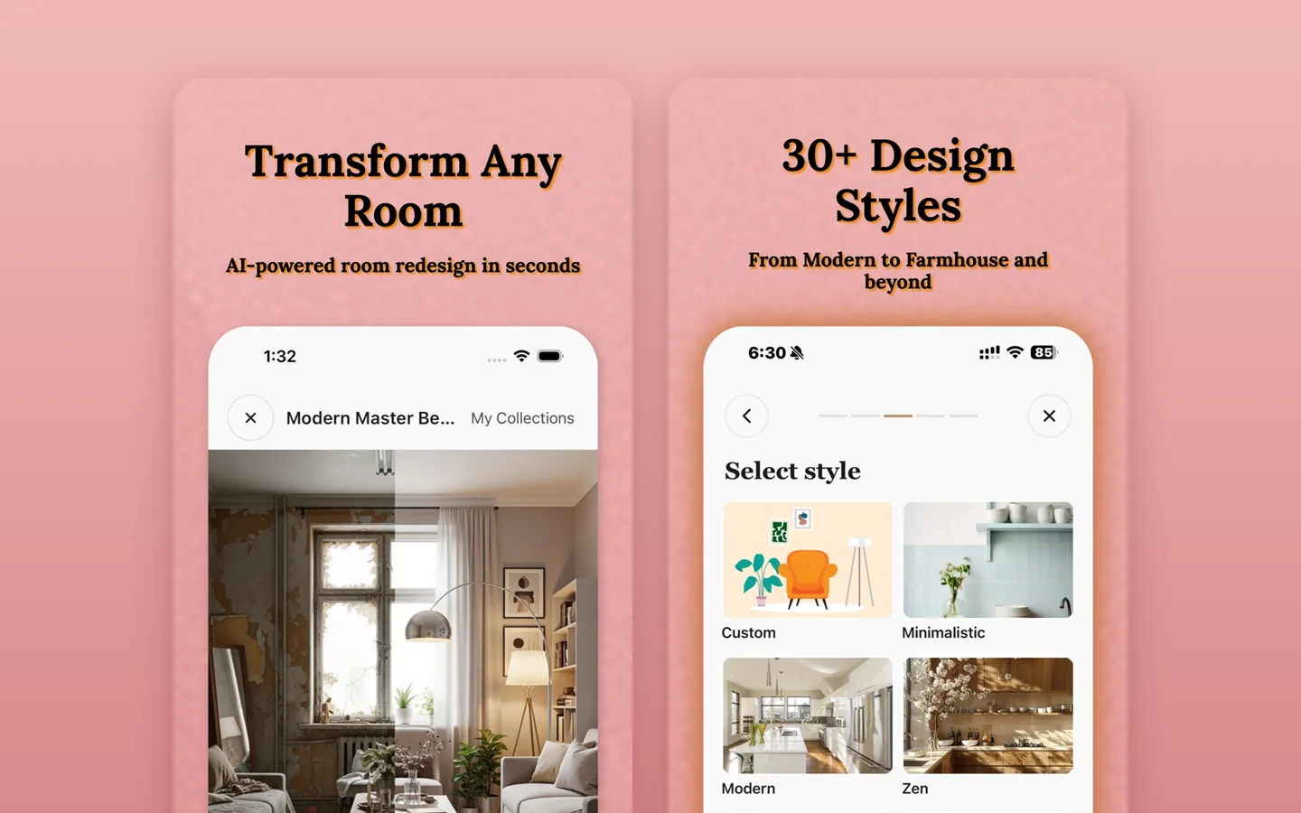Two House Design AI App Store screenshots: a room before and after its AI redesign, and the style picker